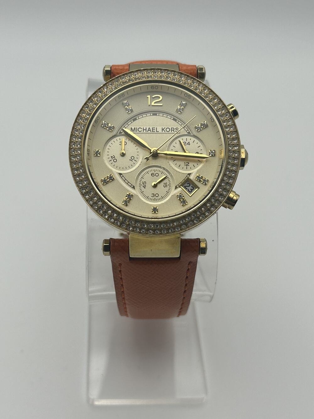 Michael Kors Parker MK2279 Chronograph Gold Tone Pave Bezel Orange Strap Runs